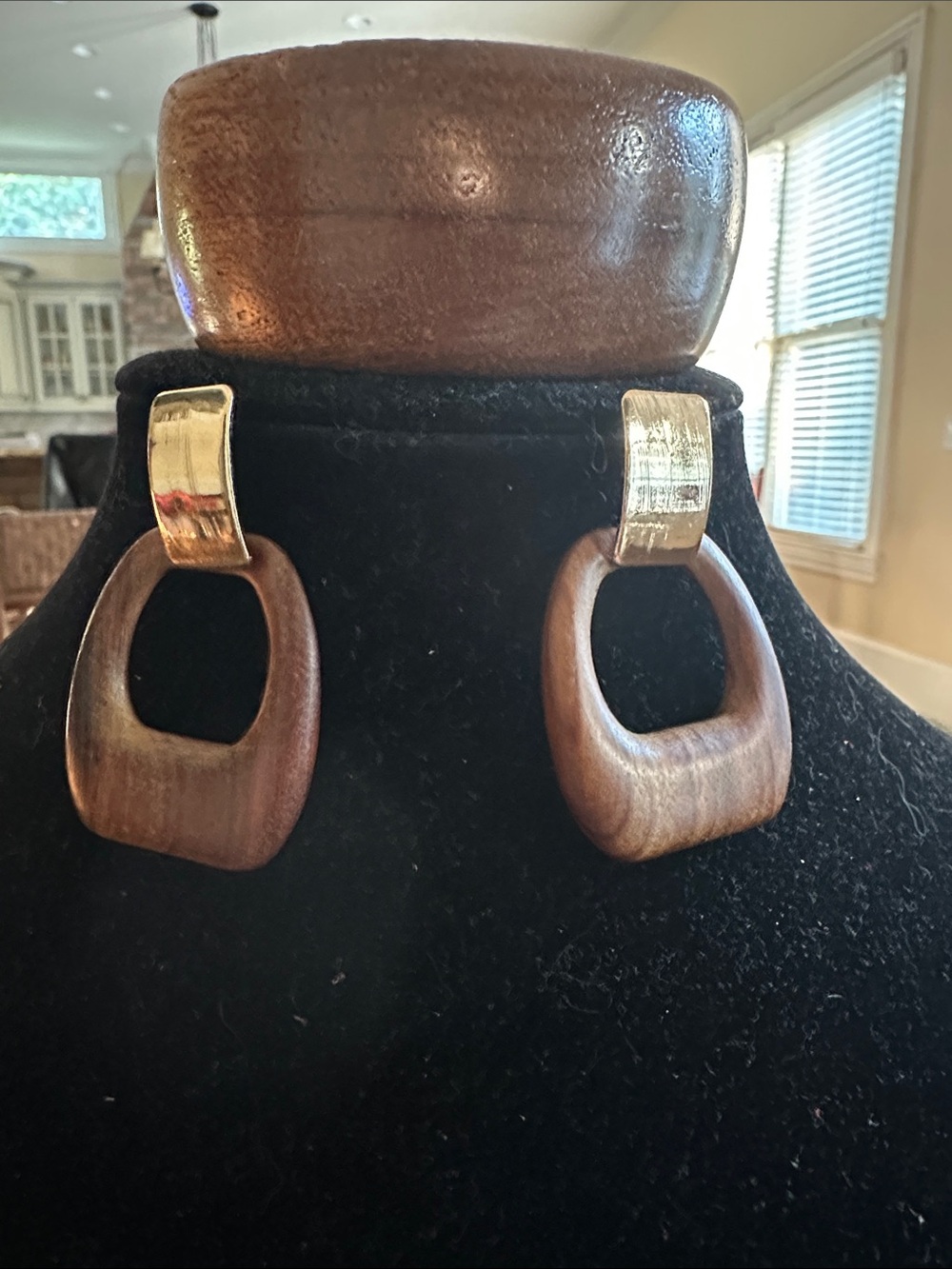 Gold & Brown Wood Drop Earrings w/ matching hand carved wooden bracelet